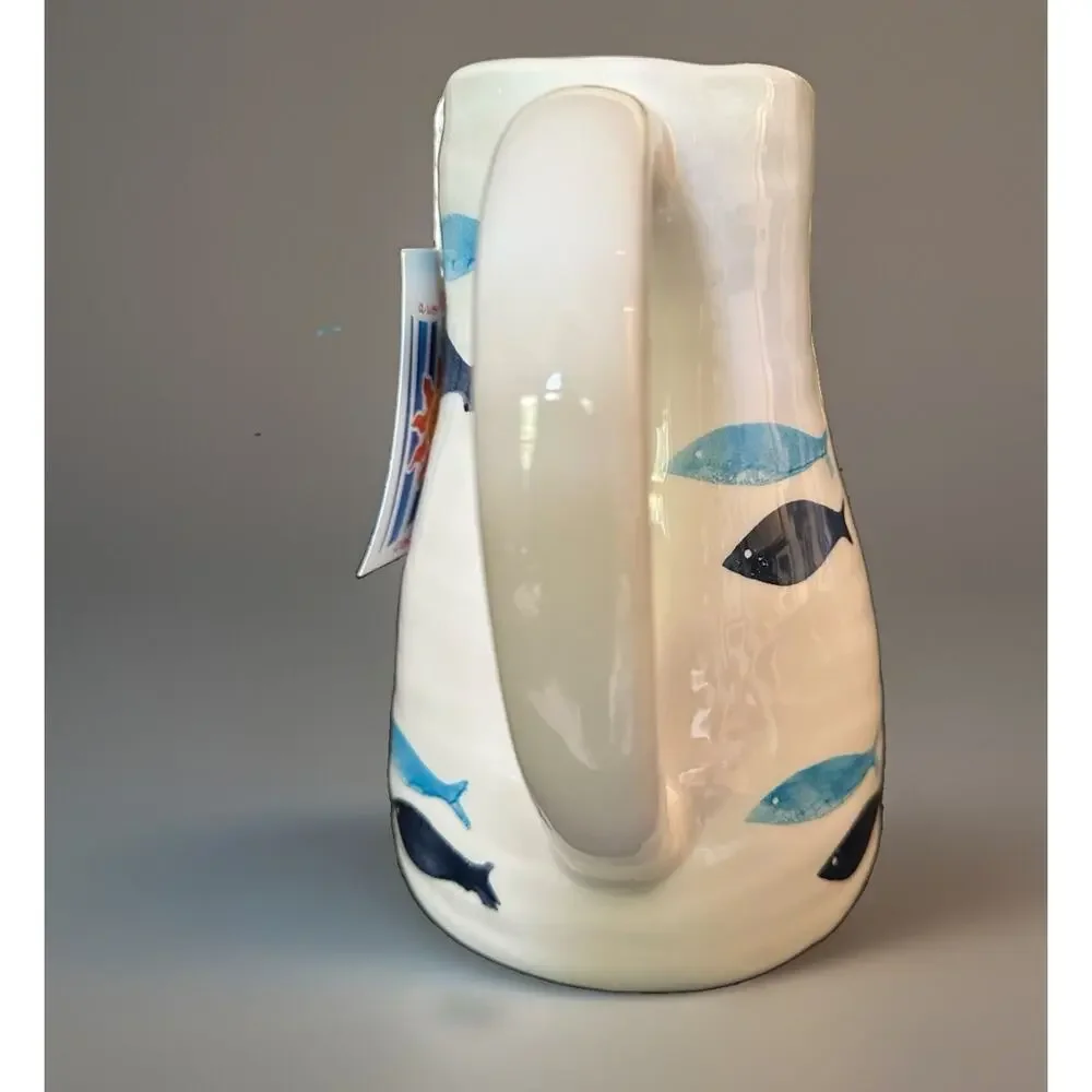 New White Pitcher Cobalt & Aqua Blue Sardine Fish Motif Handmade In Portugal 9”